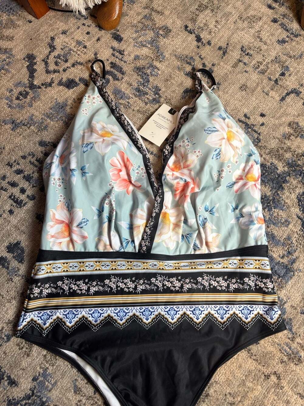 Adreamly One-Piece Swimsuit Size 20 Floral Green Plunge Bathing Suit